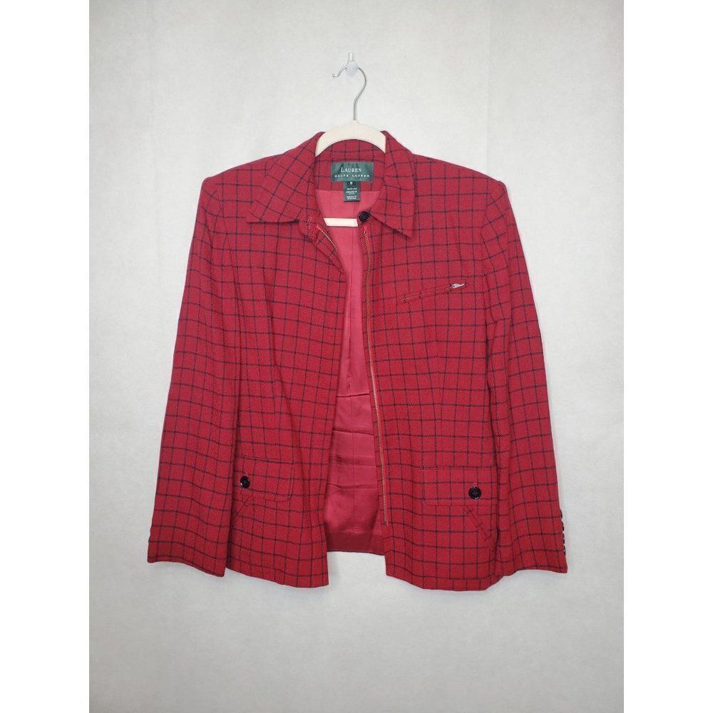 Lauren Ralph Lauren Window Pane Plaid Academia Red Wool Blazer Full Zip Jacket